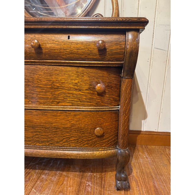 1920s Vintage Tiger Oak Victorian Dresser With Beveled Mirror & Clawfeet. For Sale - Image 5 of 12