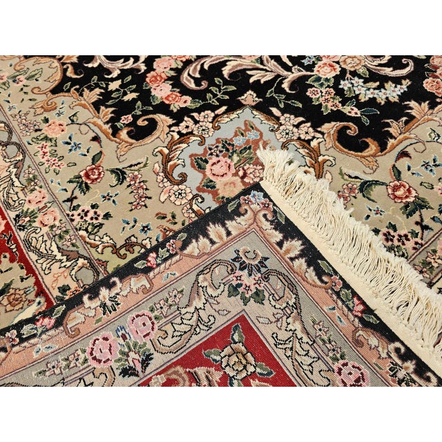 Vintage Persian Tabriz Rug, Hand-Knotted Wool & Silk, Floral Garden Pattern, Black & Red, 8x10 For Sale In Chicago - Image 6 of 18