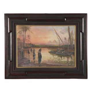 Baldasar, Exotic Landscape with Pyramids and Figures, Oil Painting on Canvas, Framed For Sale