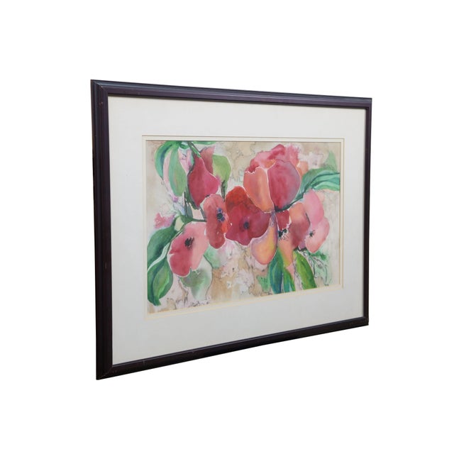 Realism Vintage Nancy Rhodes Pink Red Floral Watercolor Painting 29" For Sale - Image 3 of 11