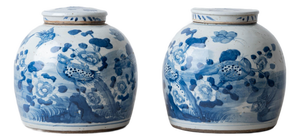 Pair of Chinese Blue and White Porcelain Bird and Peony Jars, 20th Century
