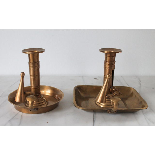 Metal Vintage Brass Chamberstick Candle Holders W/ Snuffers - A Pair For Sale - Image 7 of 9