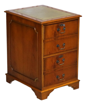 Vintage Yew Wood Filling Cabinet with Green Leather Top and Drawers