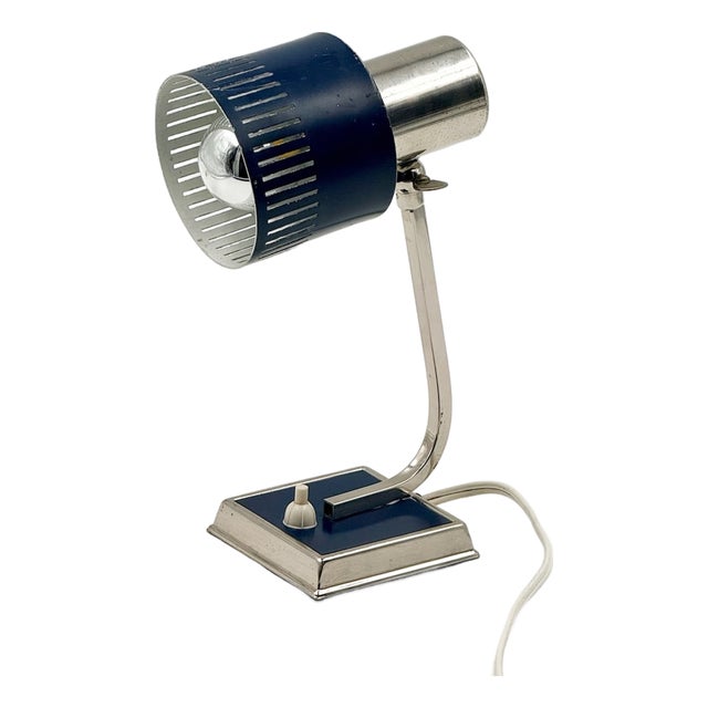 Blue and Chrome Desk Lamp with Slotted Shade, Italy, 1970s For Sale