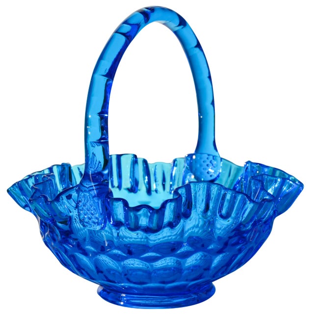 Mid-Century Modern Handblown Blue Art Glass Basket For Sale - Image 3 of 3