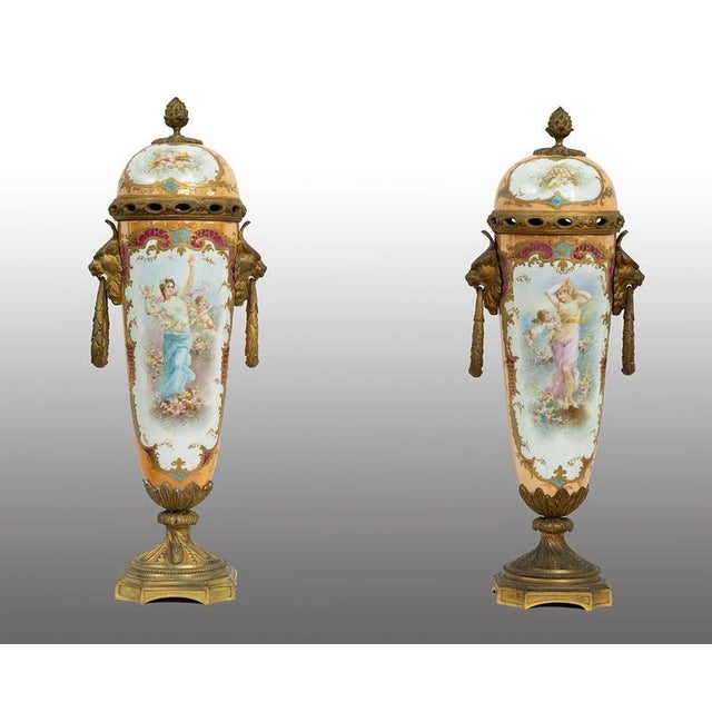 Antique Napoleon III Vases in Polychrome Sevres Porcelain, France, 19th Century, Set of 2 For Sale - Image 4 of 4