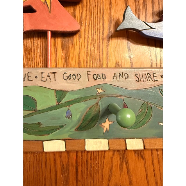 Vintage STICKS by Sarah Grant hand-painted folk art wall coat/peg rack, dated 1997. This whimsical 36-inch wooden rack...