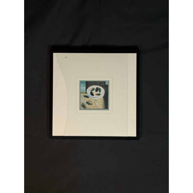 Modern framed still life painting featuring mussels on a white plate. The artwork has a clean, minimal composition with...