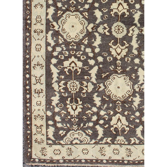 Traditional Mid 20th Century Vintage Turkish Oushak Area Rug in Dark Charcoal Brown and Ivory For Sale - Image 3 of 6