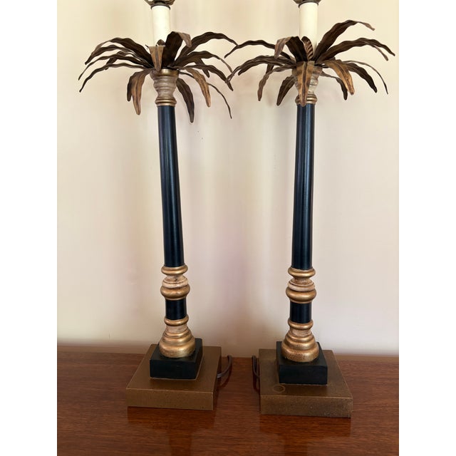 Hollywood Regency Late 20th Century Hollywood Regency Neoclassical Palm Tree Motif Buffet Lamps in Black and Gold - a Pair For Sale - Image 3 of 12