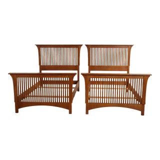 Early 21st Century Stickley Mission Collection Oak Twin Size Spindle Beds - A Pair For Sale