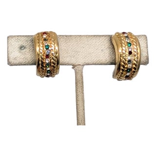 Vintage Signed Bijoux Cascio Italy Faux-Ruby, Sapphire, Emerald & Clear Rhinestone Half Hoop Clip Earrings-2 Pieces For Sale