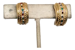 Vintage Signed Bijoux Cascio Italy Faux-Ruby, Sapphire, Emerald & Clear Rhinestone Half Hoop Clip Earrings-2 Pieces