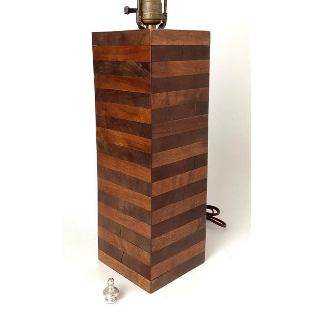 Mid-Century Square Laminated Two-Tone Wood Table Lamp. 17 1/2" tall to the top of the socket. 5" sq. The wiring looks...