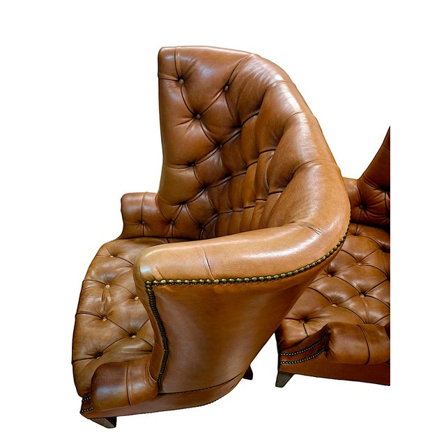 Pair of High-Back, Barrel-Shape Tufted Leather Armchairs With Brass Nailhead Trim For Sale In San Francisco - Image 6 of 9