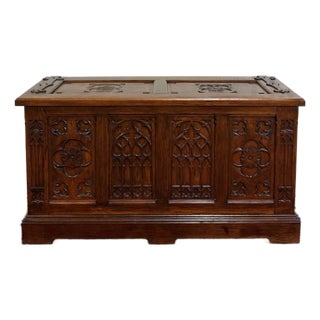 Antique French Neo Gothic Trunk Chest Blanket Box Storage Coffer Oak C. 1930-40s For Sale