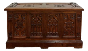 Antique French Neo Gothic Trunk Chest Blanket Box Storage Coffer Oak C. 1930-40s