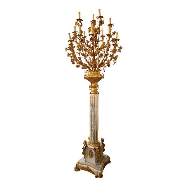 Louis XVI Style Pedestal Candelabra With Gold Leaf Floral Details & Gilded Bronze Accents For Sale