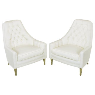 High Back Button Tufted White Linen Lounge Chairs - a Pair For Sale