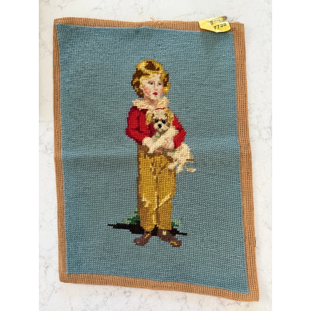 Mid 20th Century Vintage Handmade Needlepoint Textile Art - Child With Dog For Sale - Image 5 of 7