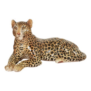 Vintage Italian Glazed Terra Cotta Leopard Sculpture For Sale