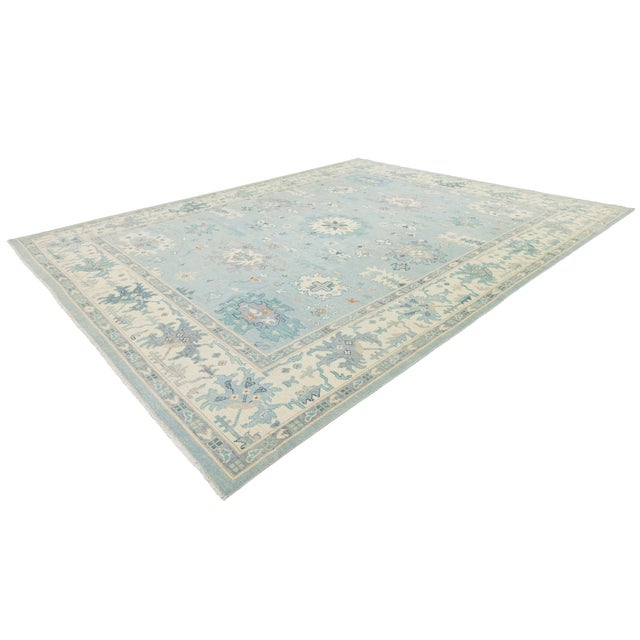 Hand-Knotted Modern Oushak Wool Rug in Soft Sky Blue, Cream & Muted Teal For Sale - Image 11 of 12