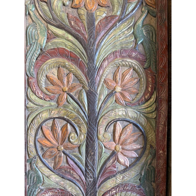 Mid-Century Modern Vintage Hand-Carved Tree of Life Wood Barn Door | Painted Indian Wall Panel With Elephant & Lotus Door 84x36 For Sale - Image 3 of 6