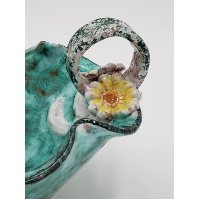 Rustic European Vintage Hand-Crafted Italian Teal Pottery Basket/Bowl With Yellow Flowers For Sale - Image 3 of 10