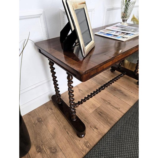 Antique Italian Walnut Burl Inlay Console or Side Table with Bobbin Turned Legs, 1890s For Sale - Image 4 of 10