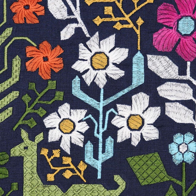 Schumacher Sample - Schumacher Lupita Embroidery Fabric, Multi on Navy For Sale - Image 4 of 6