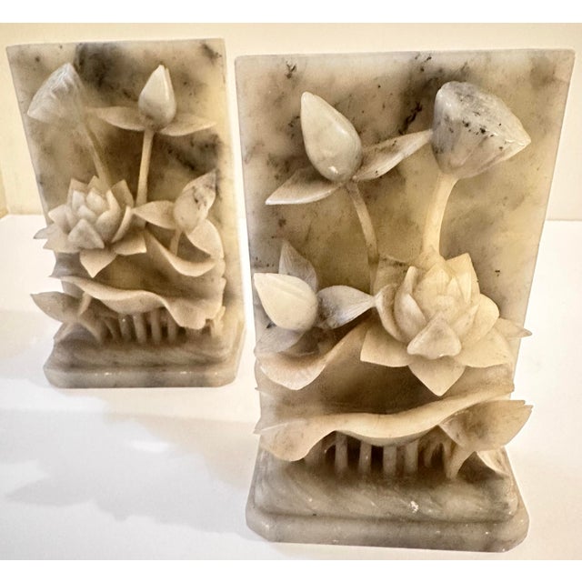 Carved Stone Flower Bookends, Set of 2 For Sale - Image 4 of 7