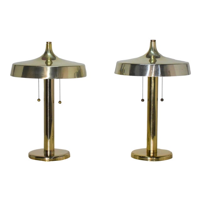 1960s Brass Deco Pagoda Table Lamps After Walter Von Nessen - a Pair For Sale