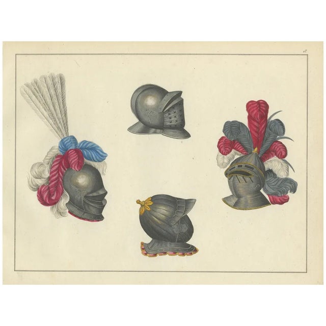 Ornate Knightly Helmets with Plumes, 1842, Lithograph For Sale