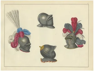 Ornate Knightly Helmets with Plumes, 1842, Lithograph