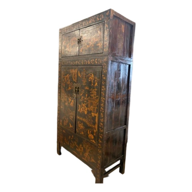 Antique Asian Chinoiserie Large 90 Inches Tall La Painted Cabinet For Sale