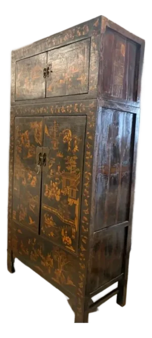 Antique Asian Chinoiserie Large 90 Inches Tall La Painted Cabinet
