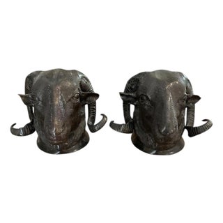 Vintage Bronze Ram’s Head / Bust Wall Mount Sculpture / Coat Rack / Hook Statues, a Pair For Sale