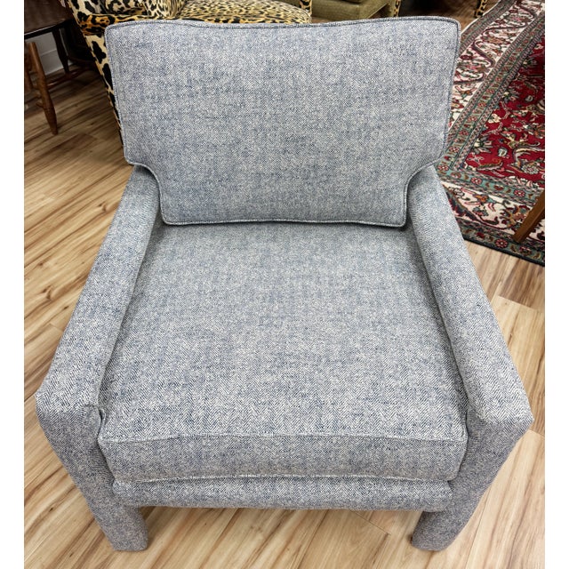 Vintage Milo Baughman style parsons chair newly upholstered in a classic blue and white tweed fabric. This comfortable...