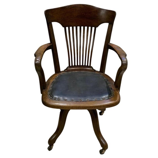 Wood Antique Victorian Oak Railback Clerks Desk Chair with Porcelain Castors, 1890s For Sale - Image 7 of 12