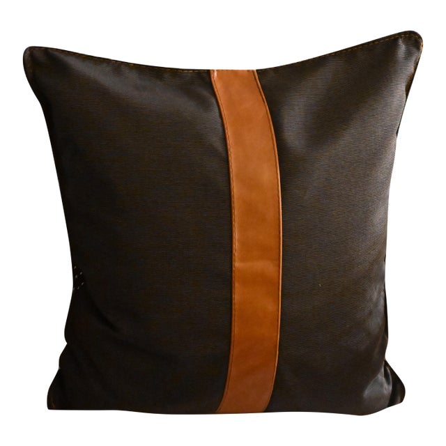 Custom Black Stripe and Leather Pillow With Contrast Top Stitch With Down Insert For Sale