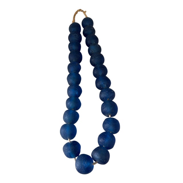 1980s Vintage African Jumbo Glass Dark Blue Trading Beads Necklace One String For Sale - Image 5 of 11