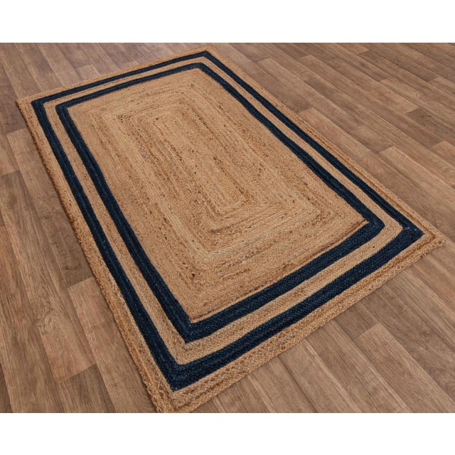Boho Chic 4'x6' Navy Blue Jute Braided Rectangle Boho Chic Rug For Sale - Image 3 of 8