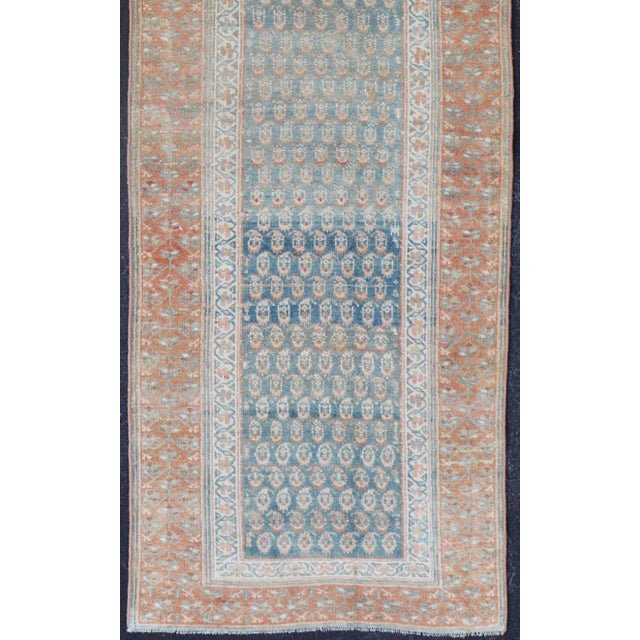 Paisley Field Antique Persian Kurdish Runner in Soft Teal Colors & Orange 2'5 X 11'7 For Sale In Atlanta - Image 6 of 12