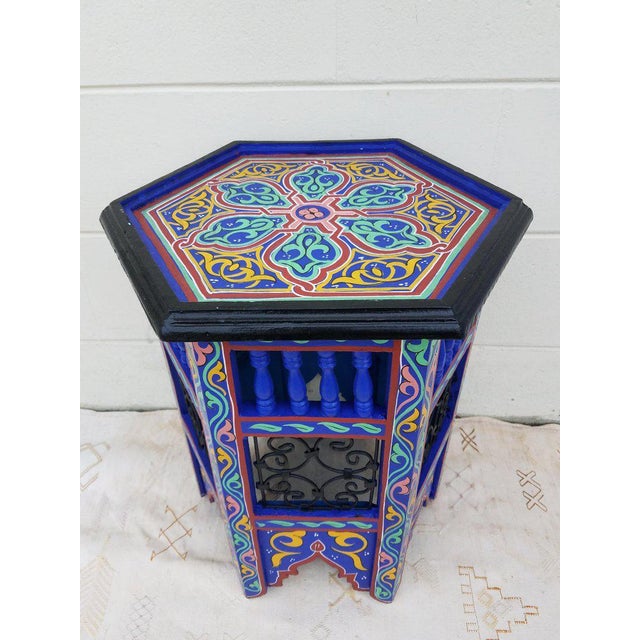 2010s Moroccan Hexagonal Hand Painted Wooden End Table For Sale - Image 5 of 6
