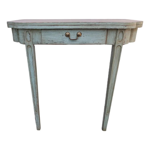 Vintage Swedish Gustavian Style Distressed Light Green Demilune Table with an Aged Wooden Top Single Drawer with Brass...