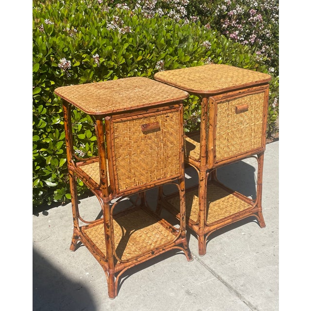 2 Vintage Rattan Bamboo Nightstands End Tables, Drop Down Shelf For Sale In San Diego - Image 6 of 9
