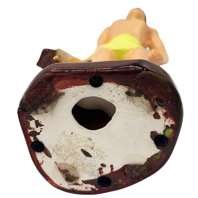 Mid 20th Century Hand Painted Hawaiian Hula Girl & Male Surfer Ceramic Statue Set For Sale - Image 9 of 9