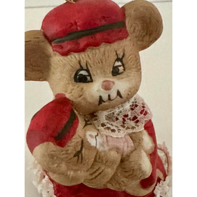 Figurative Vintage Mid 20th Century Hand Painted Bisque Porcelain Mother Mouse With Baby Bell Tree Ornament For Sale - Image 3 of 9