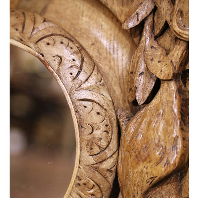 Wood 19th Century French Black Forest Carved Oak Hunting Wall Plaque With Mirror For Sale - Image 7 of 9