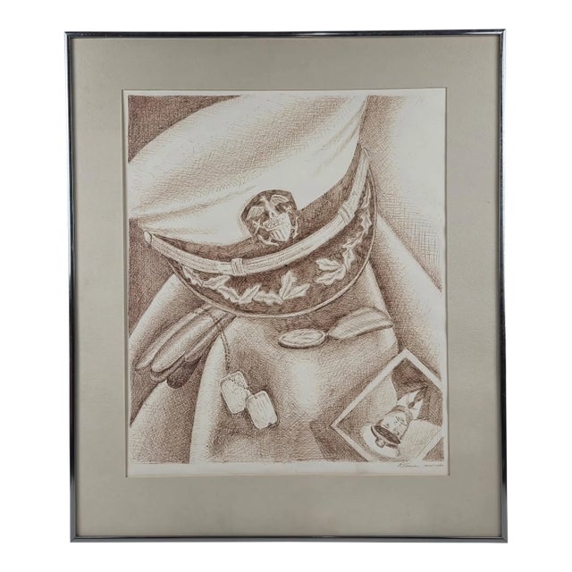 Vintage 1980 Signed R. Krause Metal Framed Pen & Ink Navy Naval Military Art Drawing For Sale